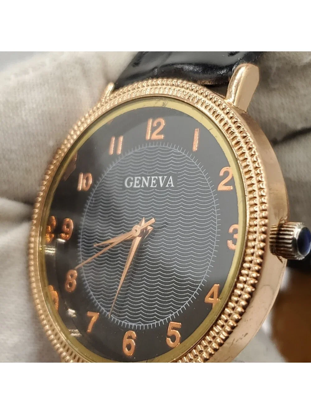 Geneva Quartz Watch 38mm Rose Gold Tone Black Leather Band New Battery